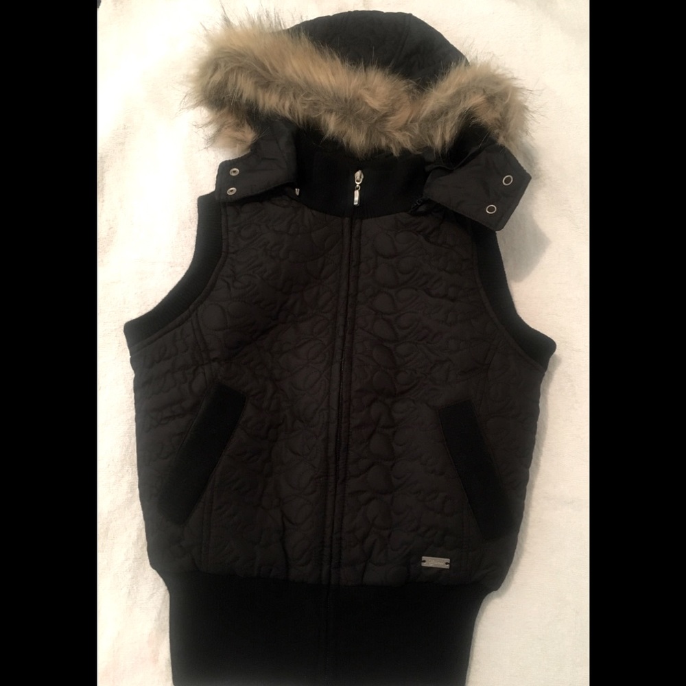Guess Black Logo Vest with Removable Fur Hoodie, size small